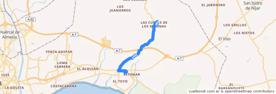 Mapa del recorrido L21: Cuevas de los Medina - Hospital El Toyo de la línea  en Almería.