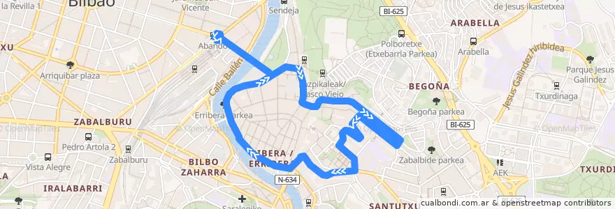 Mapa del recorrido A2 Solokoetxe - Plaza Biribila de la línea  en 빌바오.