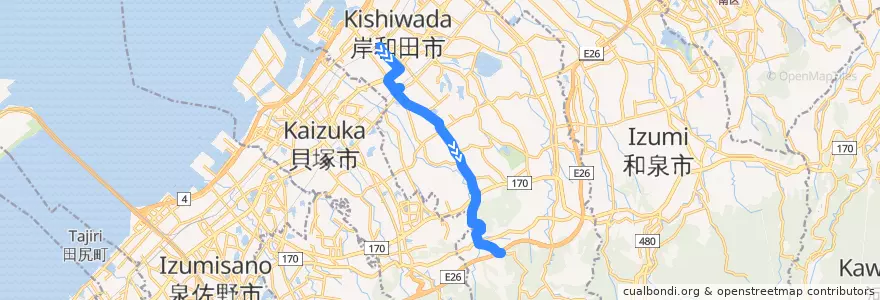 Mapa del recorrido 641: 岸和田駅前-塔原 de la línea  en Kishiwada.