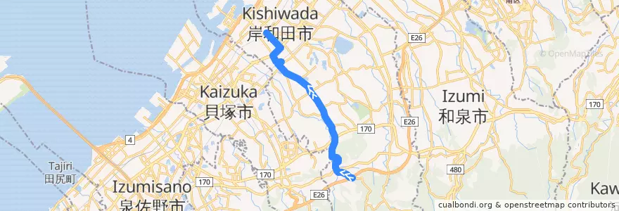 Mapa del recorrido 641: 塔原-岸和田駅前 de la línea  en 岸和田市.