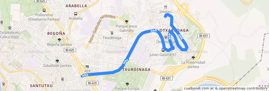 Mapa del recorrido 34 Santutxu → Otxarkoaga de la línea  en Бильбао.