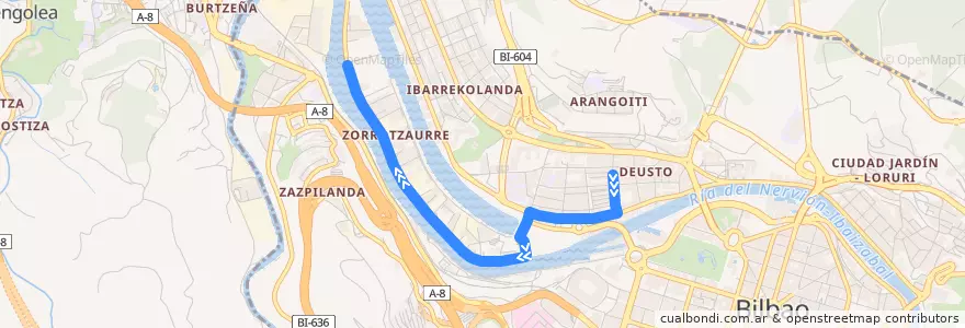 Mapa del recorrido A4 Deustu → Zorrotzaurre de la línea  en Бильбао.