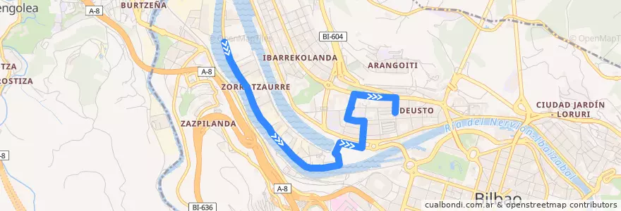 Mapa del recorrido A4 Zorrotzaurre → Deustu de la línea  en Bilbao.