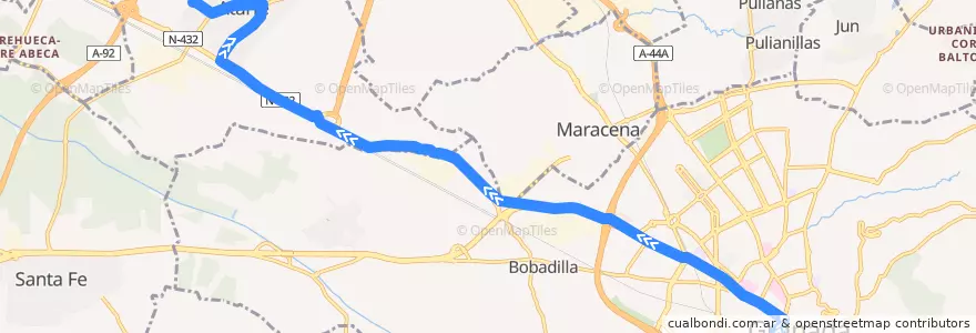 Mapa del recorrido Bus 0125: Granada → Atarfe (por Carretera de Córdoba) de la línea  en Comarca de la Vega de Granada.