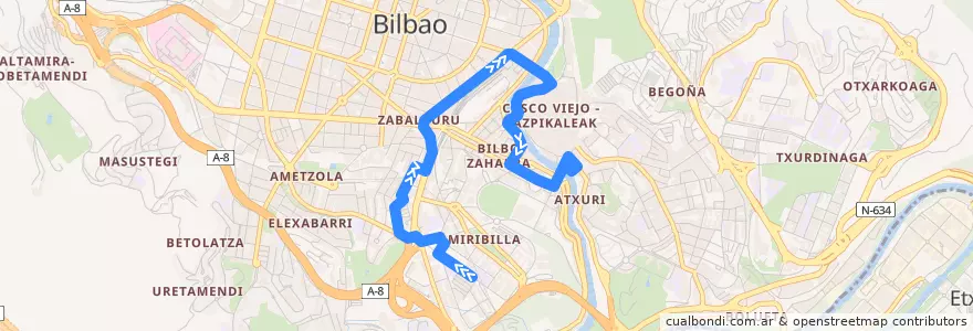 Mapa del recorrido 75 San Adrián → Atxuri de la línea  en Bilbao.
