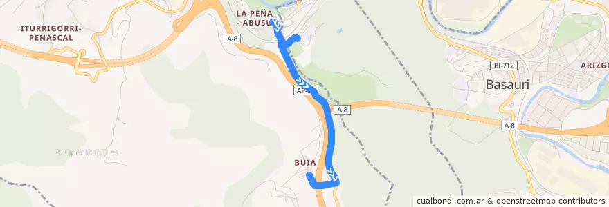Mapa del recorrido 50 La Peña → Buia de la línea  en Bilbao.