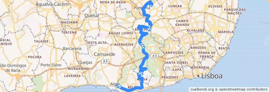 Mapa del recorrido Bus 729: Algés → Bairro Padre Cruz de la línea  en Lisbona.