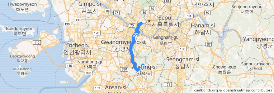 Mapa del recorrido 서울 버스 5713 (신촌기차역 방면) de la línea  en Korea Selatan.