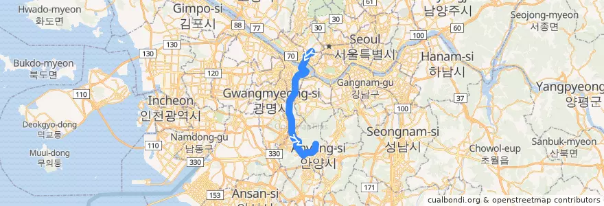 Mapa del recorrido 서울 버스 5713 (비산동 방면) de la línea  en Korea Selatan.