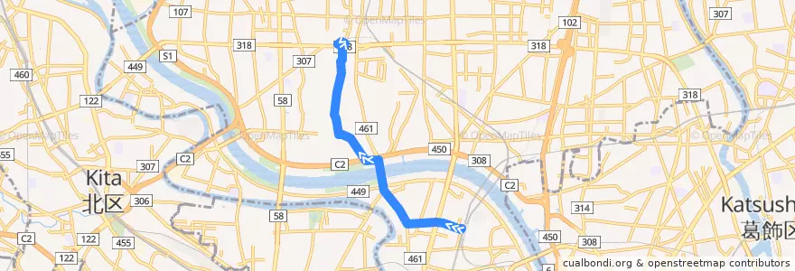 Mapa del recorrido 東武バス 北01 (北千住駅西口 --> 西新井大師) de la línea  en 足立区.