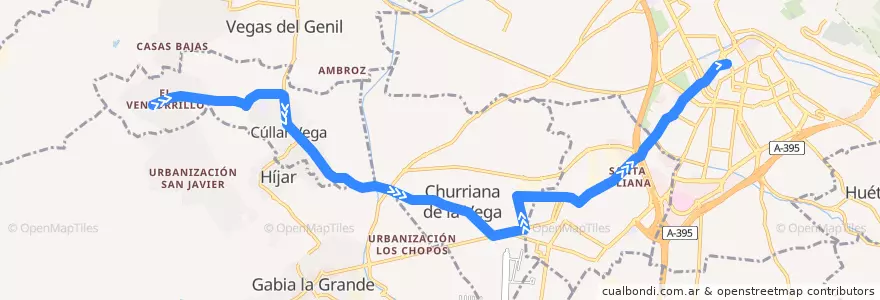 Mapa del recorrido Bus 0150: Vegas del Genil (por Ambroz) → Cúllar Vega → Granada de la línea  en Comarca de la Vega de Granada.