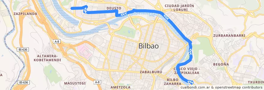 Mapa del recorrido 11 Atxuri → Deustu de la línea  en Bilbao.