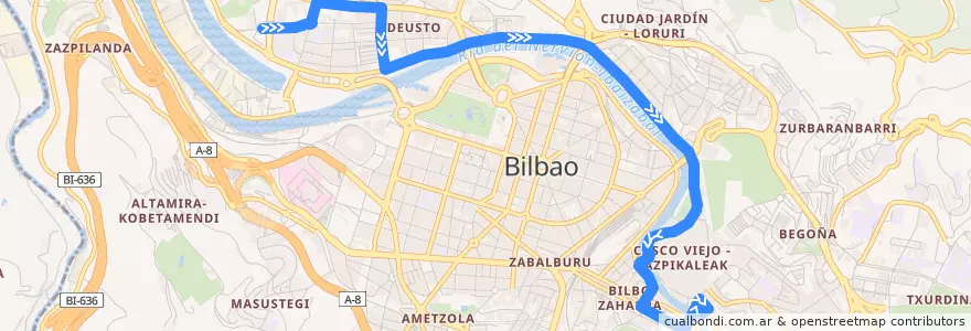 Mapa del recorrido 11 Deustu → Atxuri de la línea  en Bilbao.