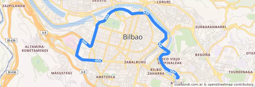 Mapa del recorrido T1 (La Casilla → Atxuri) de la línea  en Bilbao.