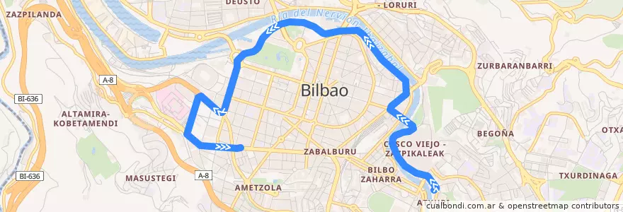 Mapa del recorrido T1 (Atxuri → La Casilla) de la línea  en Bilbao.