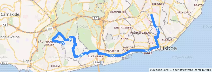 Mapa del recorrido Bus 760: Cemitério da Ajuda → Gomes Freire de la línea  en Großraum Lissabon.