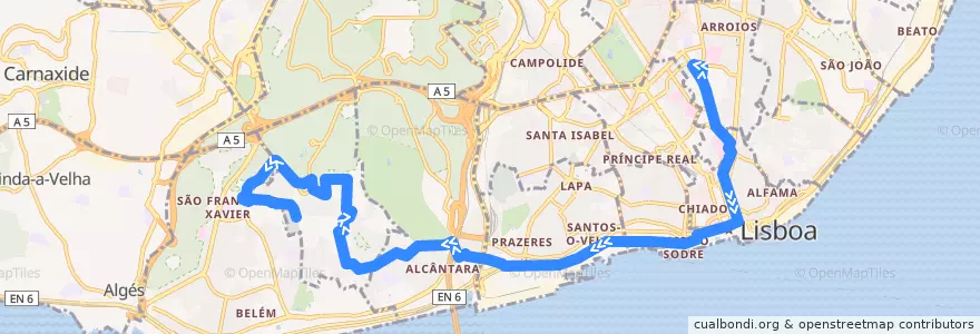 Mapa del recorrido Bus 760: Gomes Freire → Cemitério da Ajuda de la línea  en Grande Lisboa.