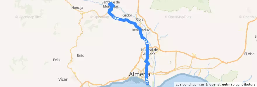 Mapa del recorrido M-106: Almería (Auditorio Maestro Padilla) - Santa Fe de Mondújar de la línea  en Almería.