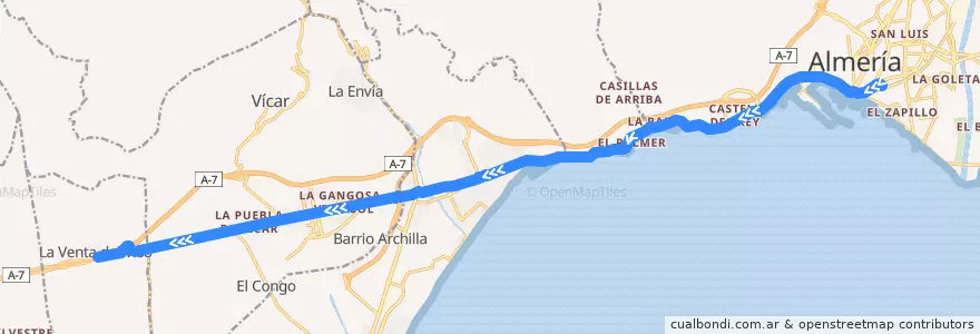 Mapa del recorrido M-301: Almería → Hortichuelas → Puebla de Vicar → Venta del Viso de la línea  en Испания.