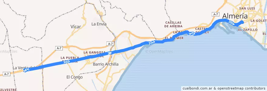 Mapa del recorrido M-301: Venta del Viso → Puebla de Vicar → Hortichuelas → Almería de la línea  en 스페인.