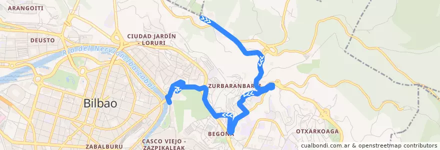 Mapa del recorrido A7 Artxanda → Arenal de la línea  en Бильбао.