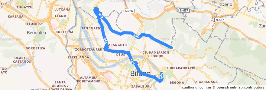 Mapa del recorrido A7 Arenal → Artxanda de la línea  en Greater Bilbao.