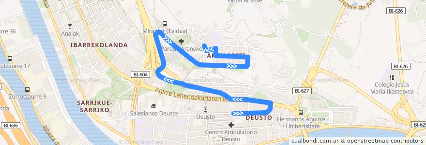 Mapa del recorrido A6 Deustu → Arangoiti de la línea  en Bilbau.