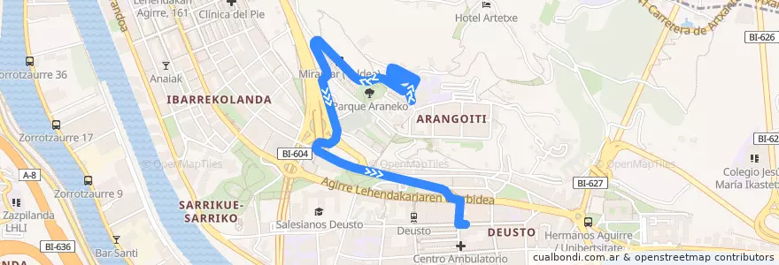 Mapa del recorrido A6 Arangoiti → Deustu de la línea  en Bilbao.