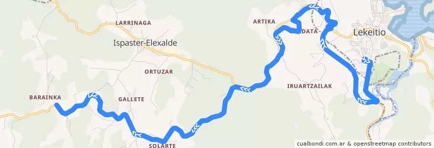 Mapa del recorrido A3538 Lekeitio → Barainka de la línea  en Ispaster.