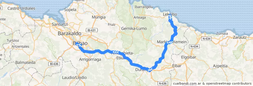 Mapa del recorrido A3512 Lekeitio → Bilbao (autopista) de la línea  en Biscay.