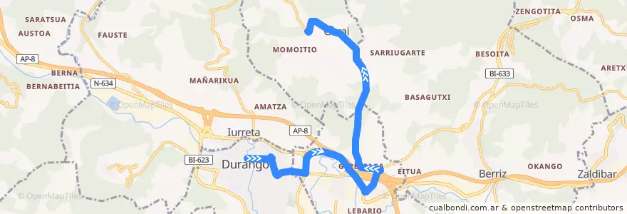 Mapa del recorrido A3931 Durango → Garai de la línea  en Durangaldea.