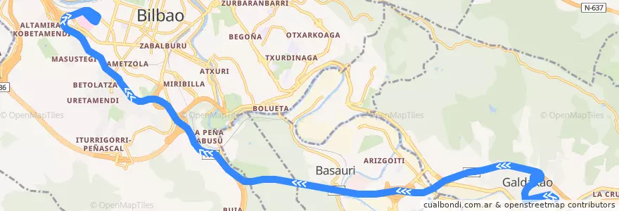 Mapa del recorrido A3930 Galdakao → Bilbao (autopista) de la línea  en Grand-Bilbao.