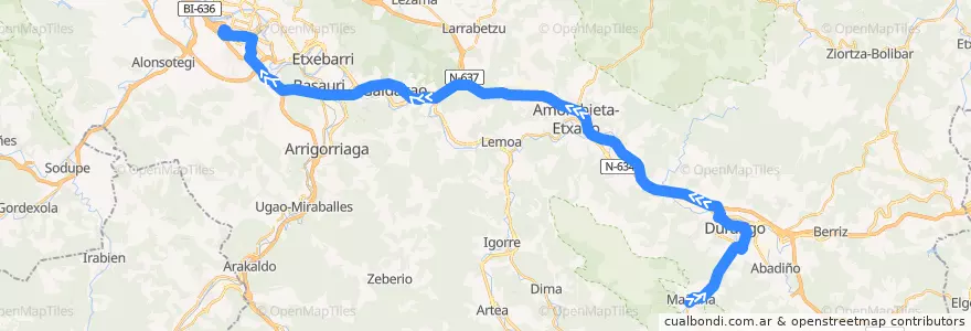 Mapa del recorrido A3933 Durango → Bilbao (autopista) de la línea  en Bizkaia.