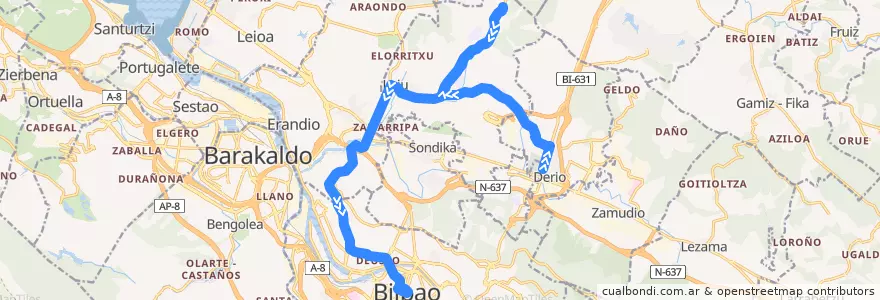 Mapa del recorrido A2153 Derio → Lauroeta → Loiu → Bilbao de la línea  en Bilboaldea.