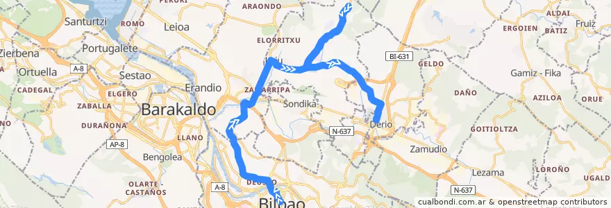 Mapa del recorrido A2153 Bilbao → Loiu → Lauroeta → Derio de la línea  en Greater Bilbao.