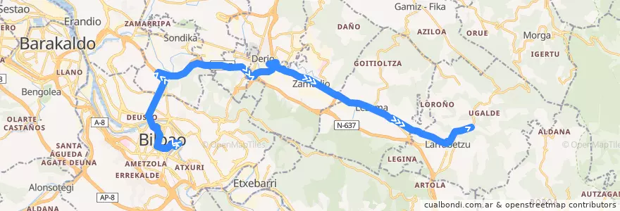 Mapa del recorrido A3223 Bilbao → Larrabetzu (Artxandako Tunelak/Túneles de Artxanda) de la línea  en Grand-Bilbao.