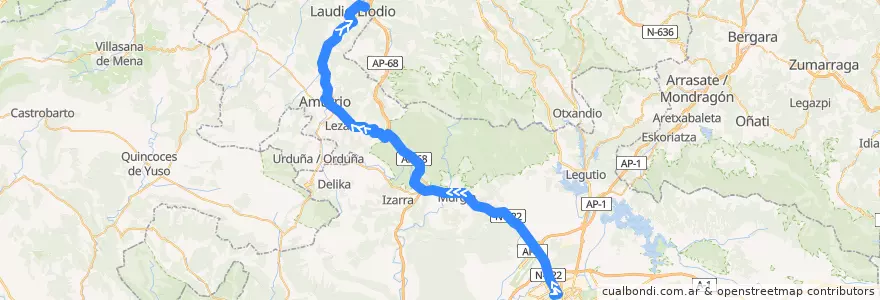 Mapa del recorrido A15 Vitoria-Gasteiz → Amurrio → Areta de la línea  en Alava.
