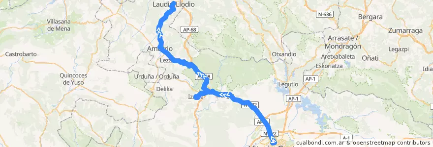 Mapa del recorrido A15 Vitoria-Gasteiz → Murgia → Izarra → Amurrio → Laudio/Llodio de la línea  en Álava.