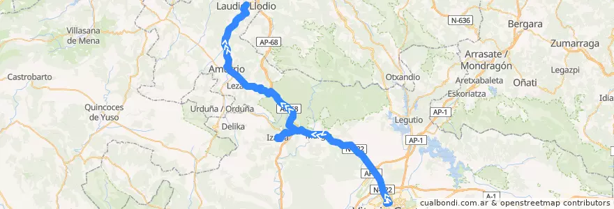 Mapa del recorrido A15 Vitoria-Gasteiz → Zaitegi → Murgia → Izarra → Amurrio → Laudio/Llodio de la línea  en Alava.