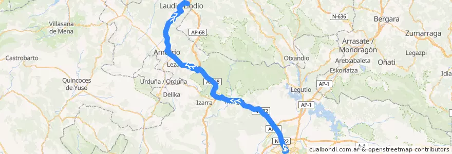 Mapa del recorrido A15 Vitoria-Gasteiz → Murgia → Amurrio → Areta de la línea  en Araba/Álava.