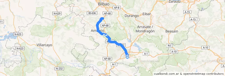 Mapa del recorrido A15 Universidad → Vitoria-Gasteiz → Amurrio → Areta de la línea  en Araba/Álava.
