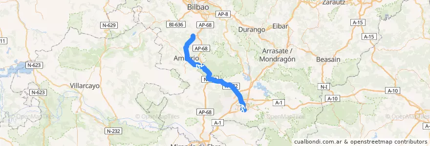 Mapa del recorrido A15 Universidad → Vitoria-Gasteiz → Murgia → Amurrio → Laudio/Llodio de la línea  en Алава.