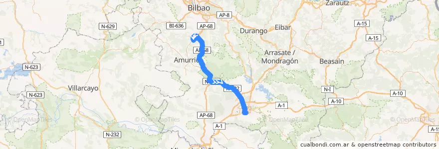 Mapa del recorrido A15 Areta → Vitoria-Gasteiz → Universidad (Autopista) de la línea  en Araba/Álava.