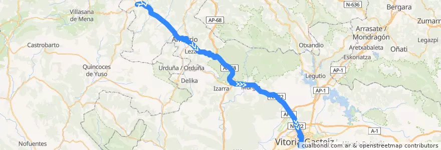 Mapa del recorrido A15 Artziniega → Amurrio → Vitoria-Gasteiz → Universidad de la línea  en Araba/Álava.