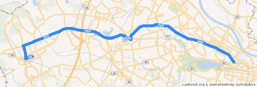 Mapa del recorrido 茨城交通バス74系統 イオンモール水戸内原⇒赤塚駅⇒水戸駅 de la línea  en Мито.