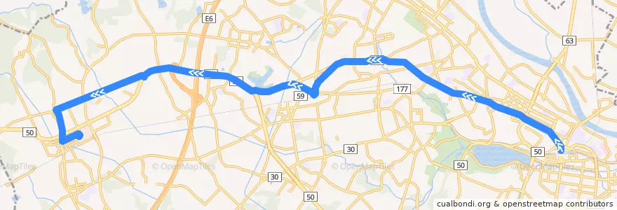 Mapa del recorrido 茨城交通バス74系統 水戸駅⇒赤塚駅⇒イオンモール水戸内原 de la línea  en Мито.