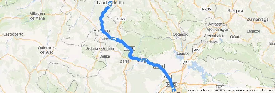 Mapa del recorrido A15 Laudio/Llodio → Luiaondo → Amurrio → Murgia → Vitoria-Gasteiz de la línea  en Alava.