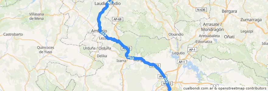 Mapa del recorrido A15 Areta → Amurrio → Vitoria-Gasteiz de la línea  en Alava.