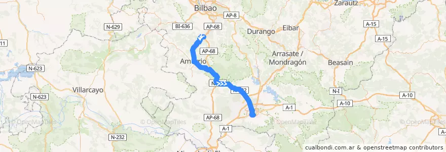 Mapa del recorrido A15 Areta → Amurrio → Vitoria-Gasteiz → Universidad de la línea  en Álava.