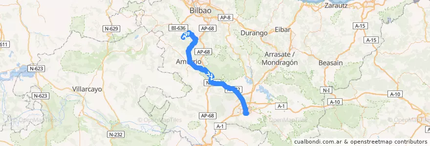 Mapa del recorrido A15 Okondo → Laudio/Llodio → Luiaondo → Amurrio → Vitoria-Gasteiz → Universidad de la línea  en Alava.